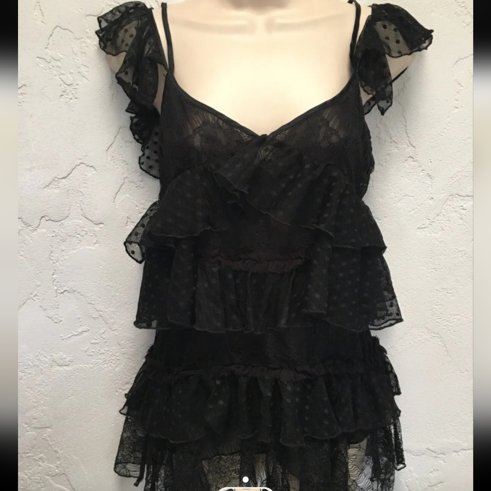 Amen Couture Black Polka Dot Tiered Mesh Lace Blouse